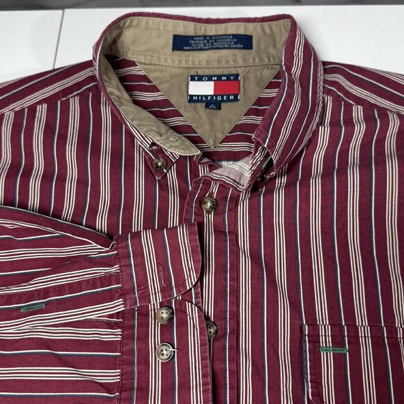 Vintage Tommy Hilfiger Burgundy Striped Crest Shirt – Size L - Picture 7 of 8